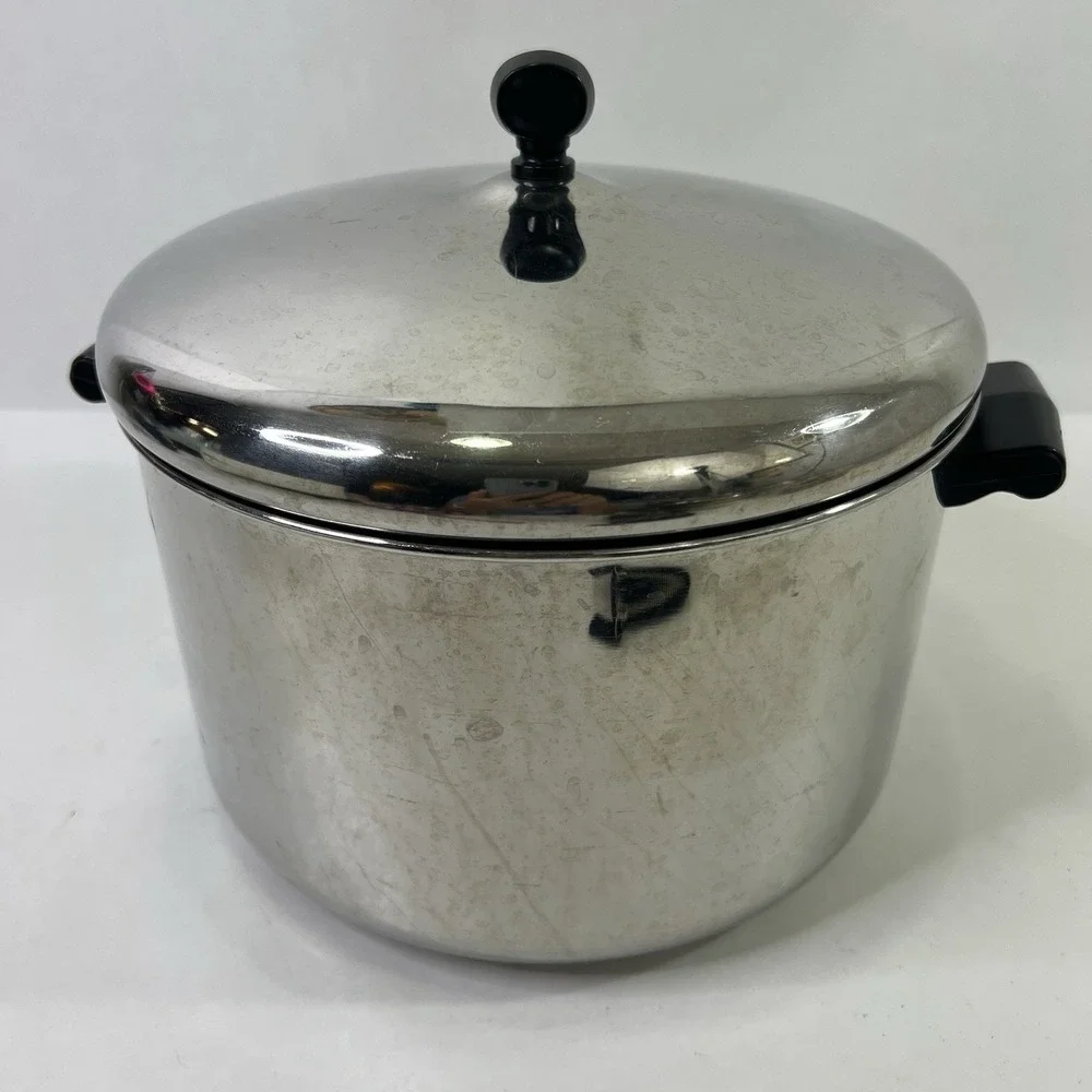 Vtg Farberware‎ 8 Qt Stock Pot w Lid Aluminum Clad Stainless Steel USA Sits Flat